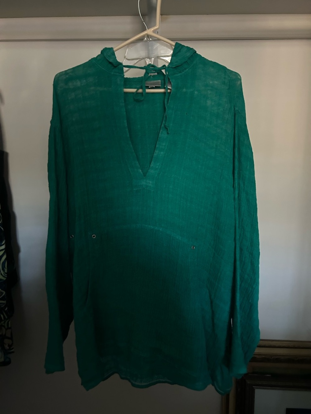 Chico’s Size 2 linen Teal Green Lightweight Hooded Tunic